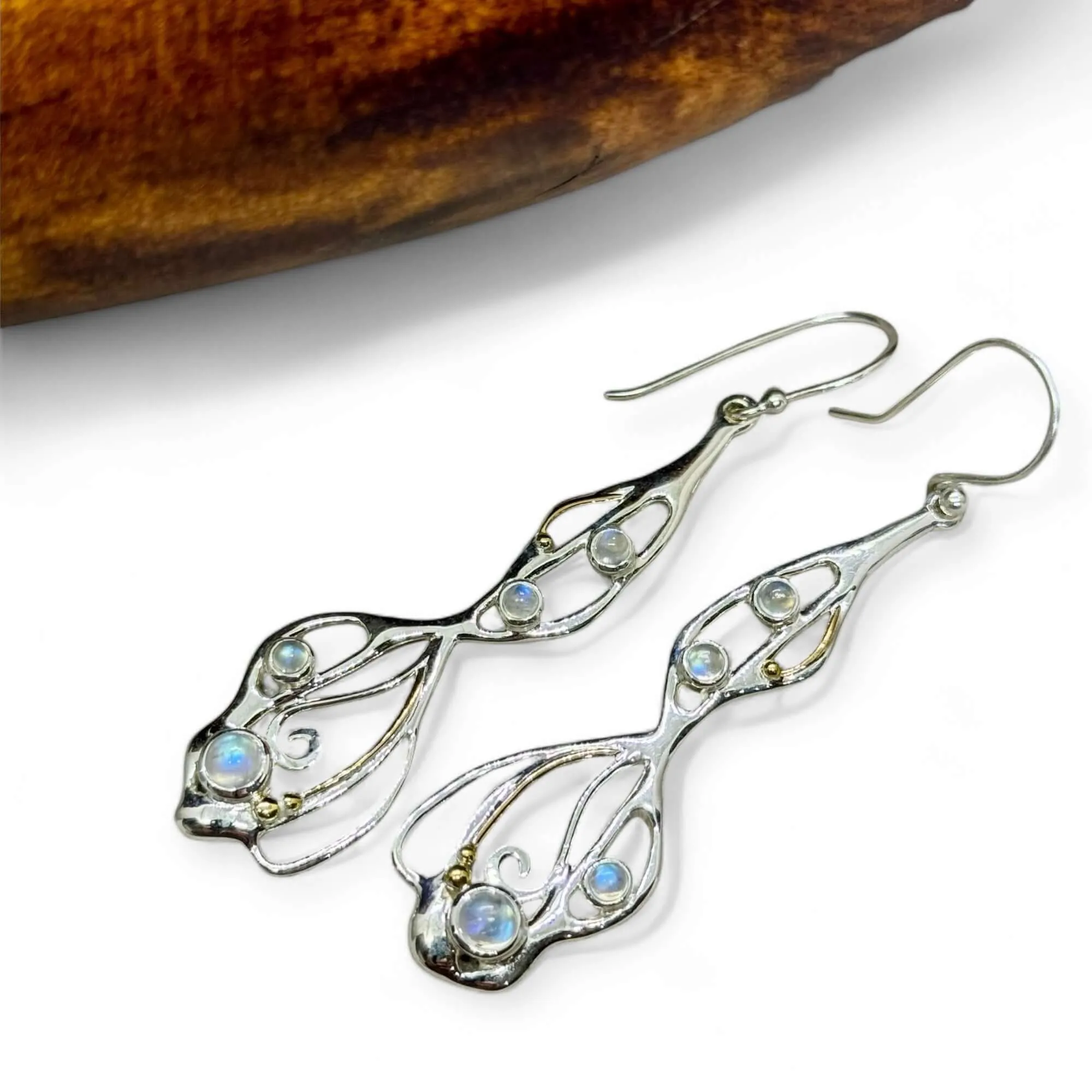 Cabochon Rainbow Moonstone Organic Flow Statement Earrings