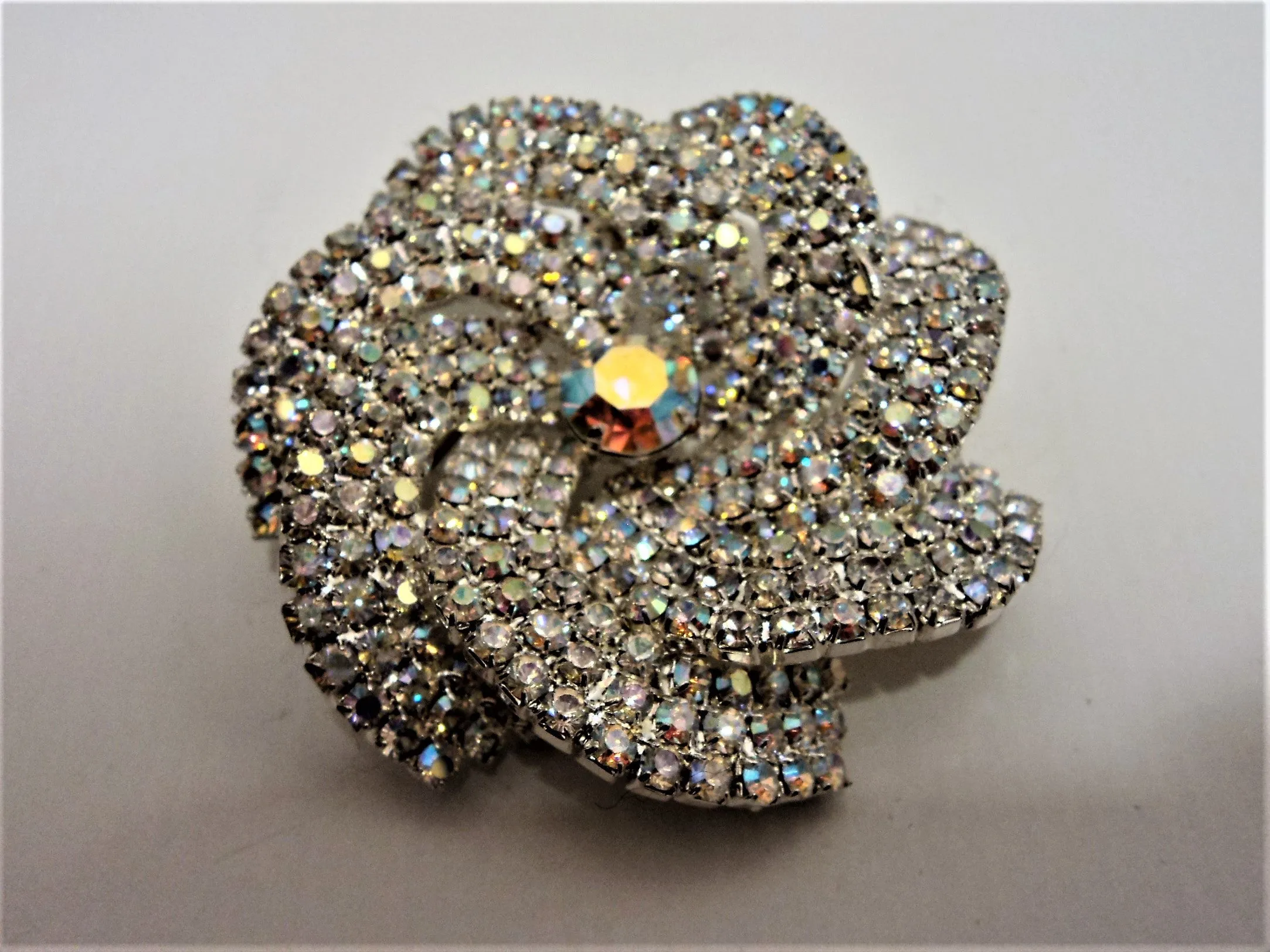 Circa 1950s-60s Aurora Borealis Large Swirl Flower Brooch