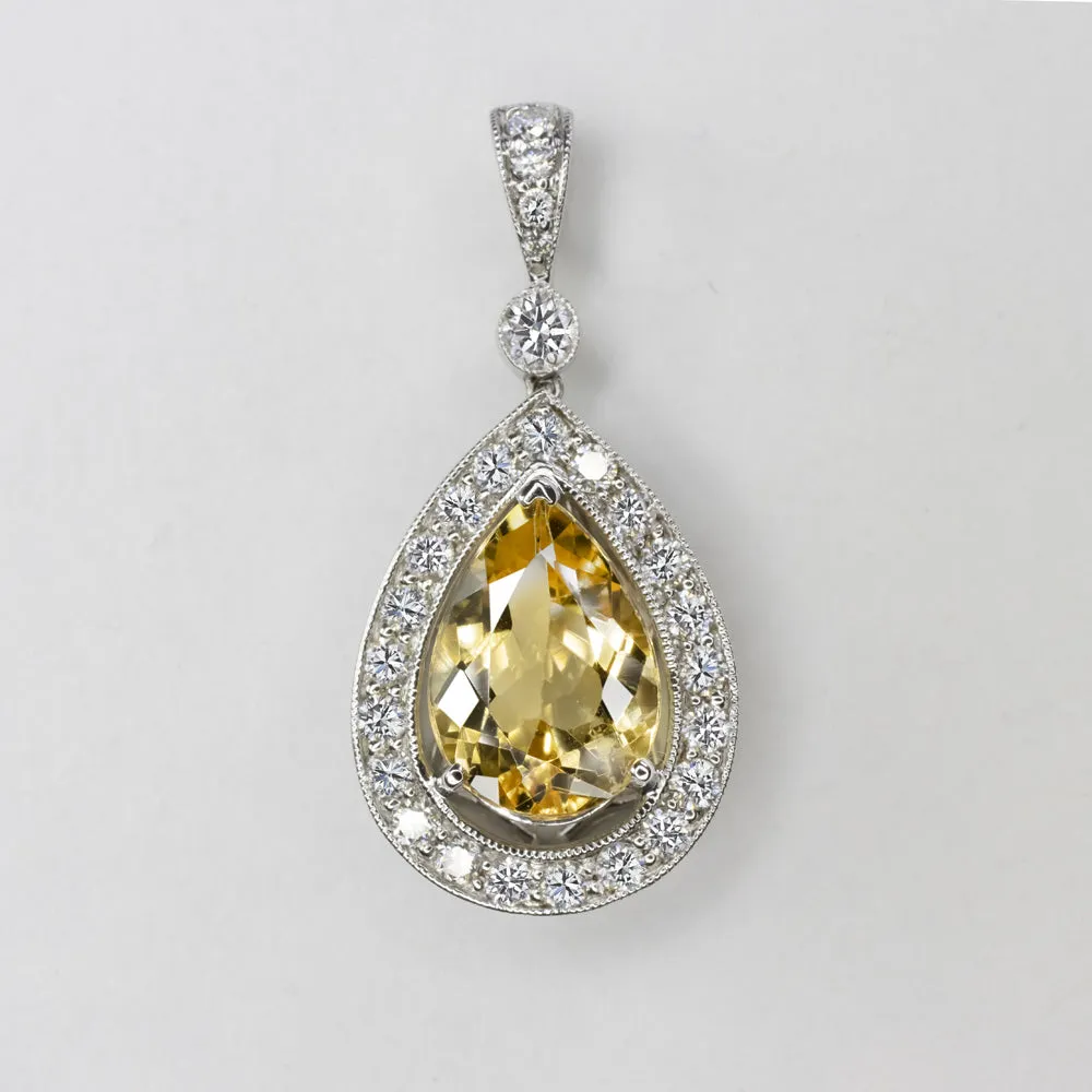 CITRINE DIAMOND PENDANT 18k WHITE GOLD PEAR CUT TEARDROP SHAPE YELLOW NECKLACE