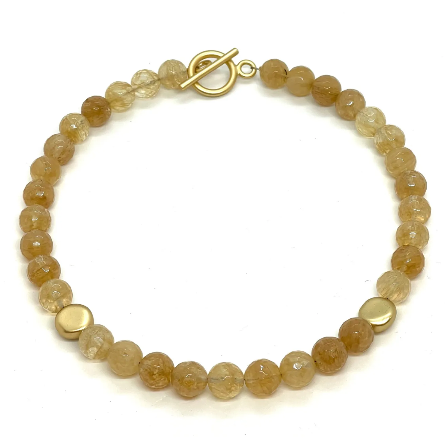 Citrine Quartz With Matte Gold Flat Bead Necklace