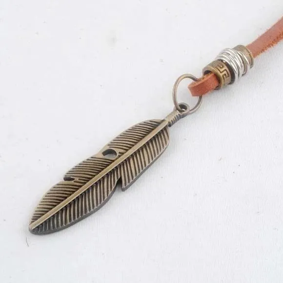 Classy Men Bronze Leather Feather Pendant Necklace