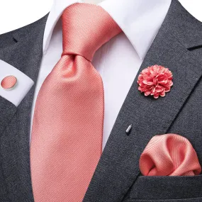 Coral solid Tie Handkerchief Cufflinks Set with Brooch