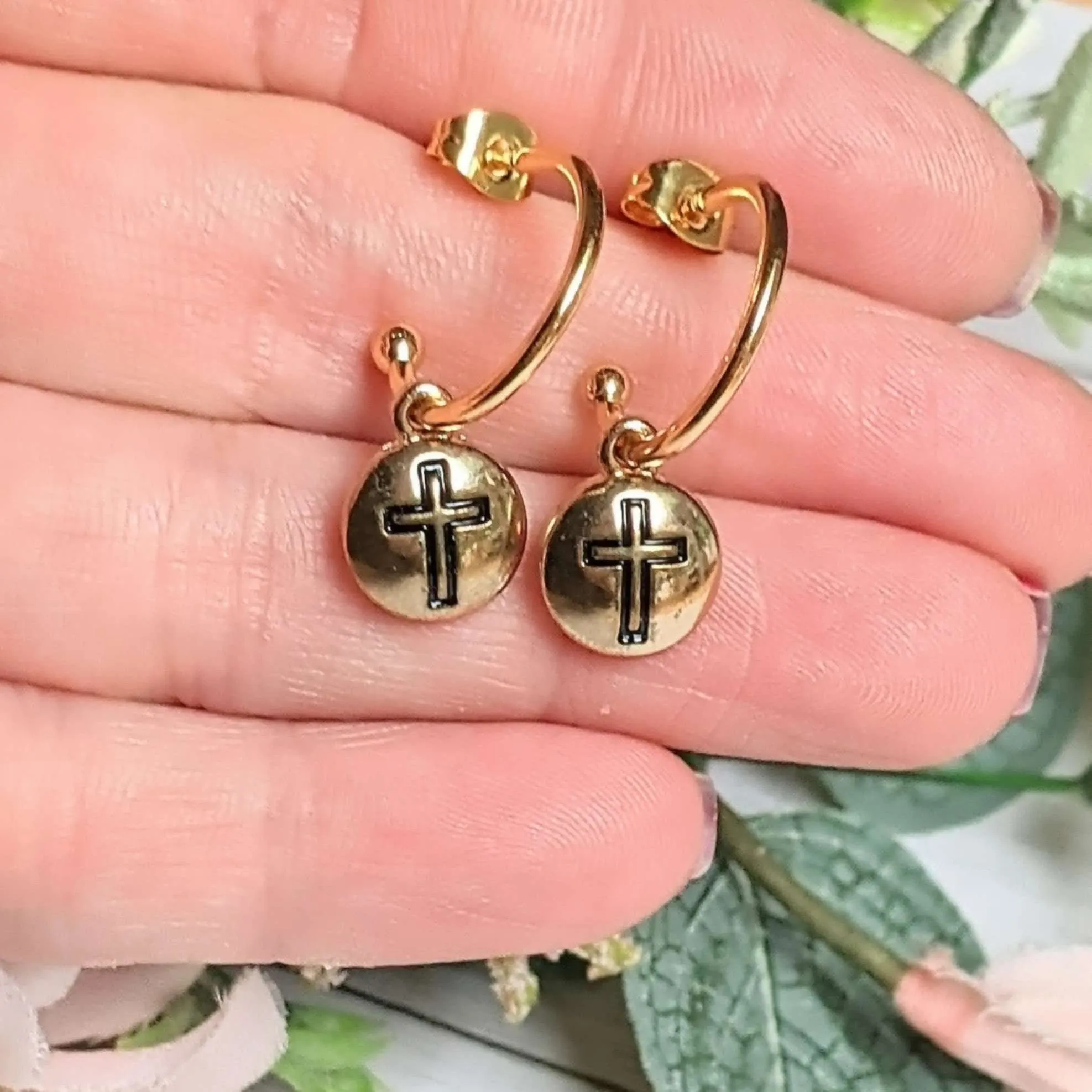 Cross Gold Hoop earrings, Hoop Drop