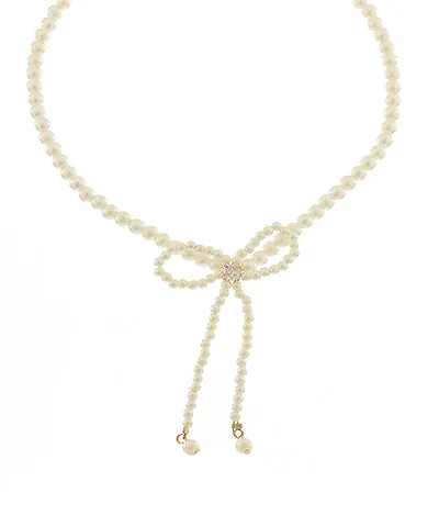 Crystal & Pearl Bow Drop Necklace