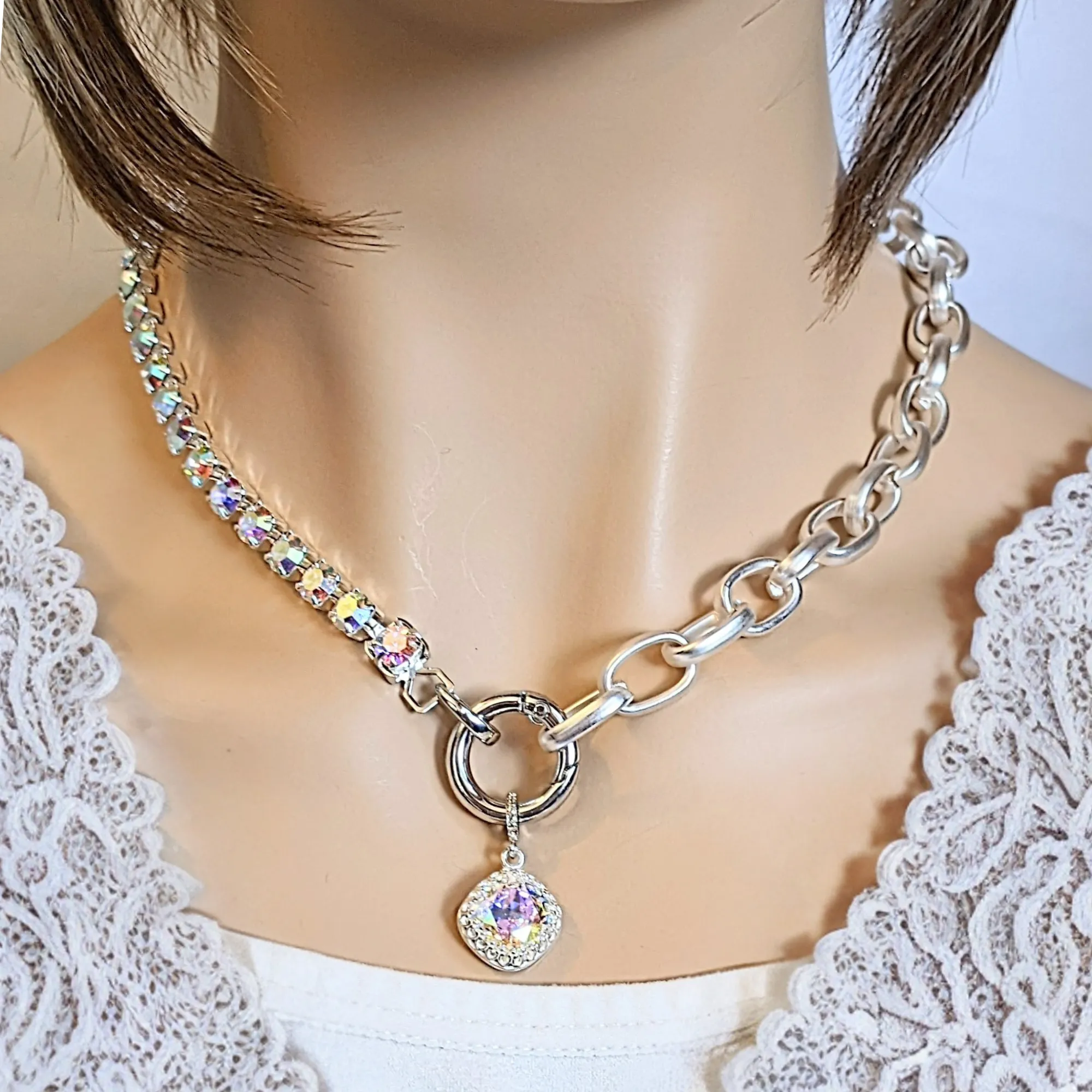 Crystal & Silver Snap Ring Necklace - 22 inch