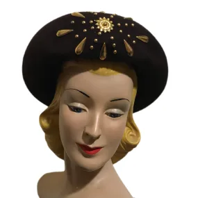 Deep Brown Felted Wool Round Brim Hat with Golden Studs circa 1940s