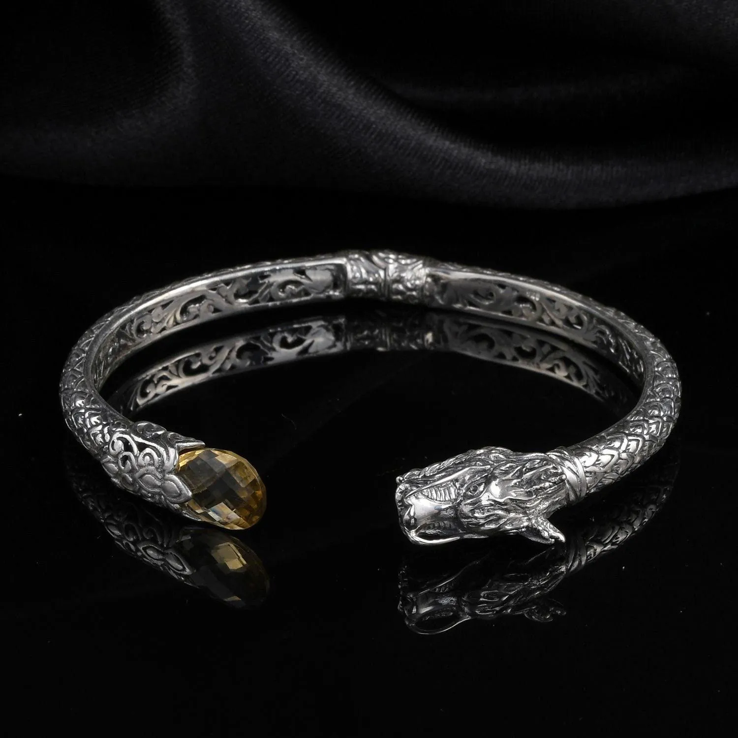 Designer DRAGON BANGLE Citrine Gemstone in Solid 925 Sterling Silver - Hinge