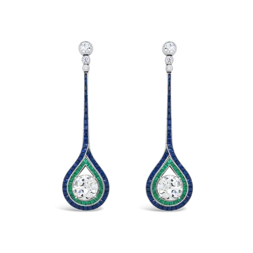 Diamond, Emerald & Sapphire Dangle Earrings