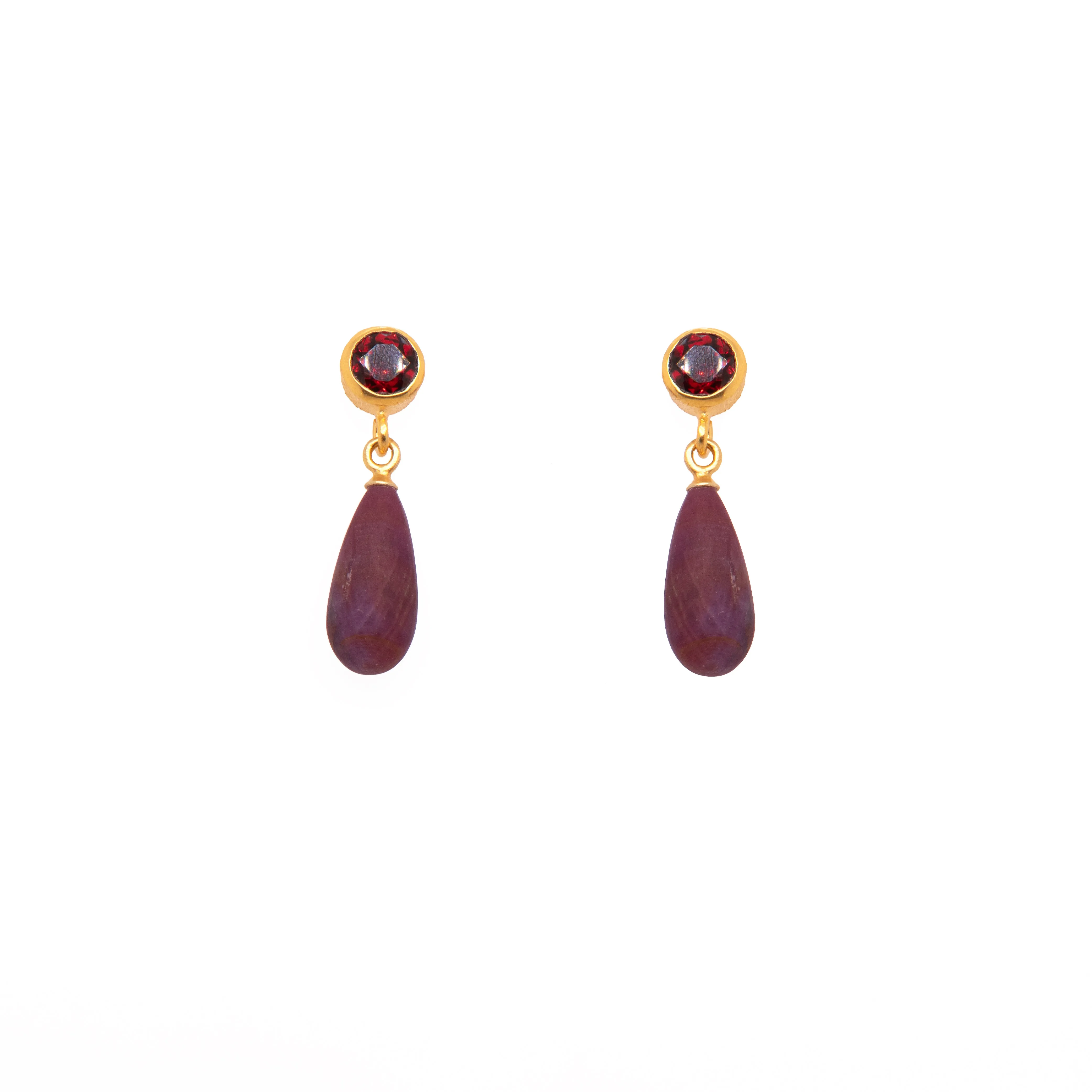 Drop Stud Garnet and Garnet Matte Earrings 24K Fair Trade Gold Vermeil