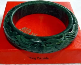 Dynasty Collection-"Happiness and Good Things in Life" Deep Green Carved Chinese Jade Bangle 56mm (DC116)