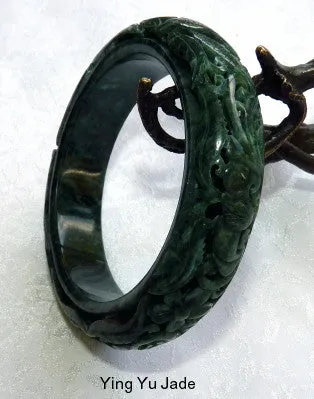 Dynasty Collection-"Happiness and Good Things in Life" Deep Green Carved Chinese Jade Bangle 56mm (DC116)