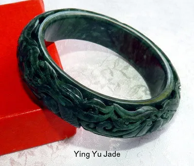 Dynasty Collection-"Happiness and Good Things in Life" Deep Green Carved Chinese Jade Bangle 56mm (DC116)