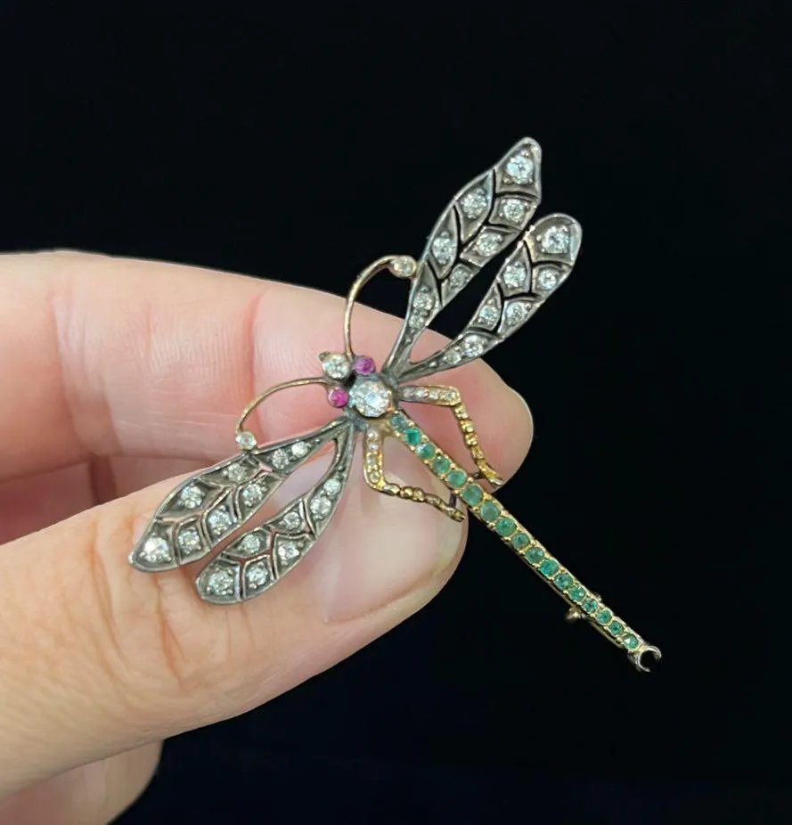 Edwardian Diamond, Ruby and Emerald Dragonfly Brooch