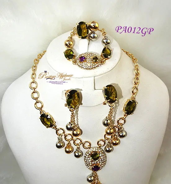 Elegant Emerald Green Gold Plated Party Set - Includes Necklace Bangle Earrings and Ring - PA08GP