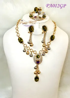 Elegant Emerald Green Gold Plated Party Set - Includes Necklace Bangle Earrings and Ring - PA08GP