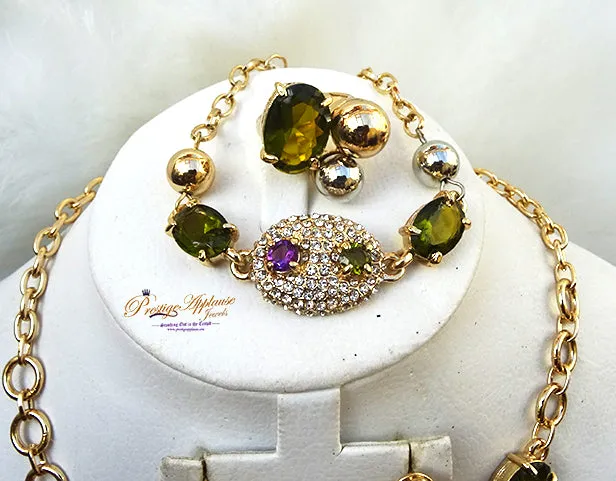 Elegant Emerald Green Gold Plated Party Set - Includes Necklace Bangle Earrings and Ring - PA08GP