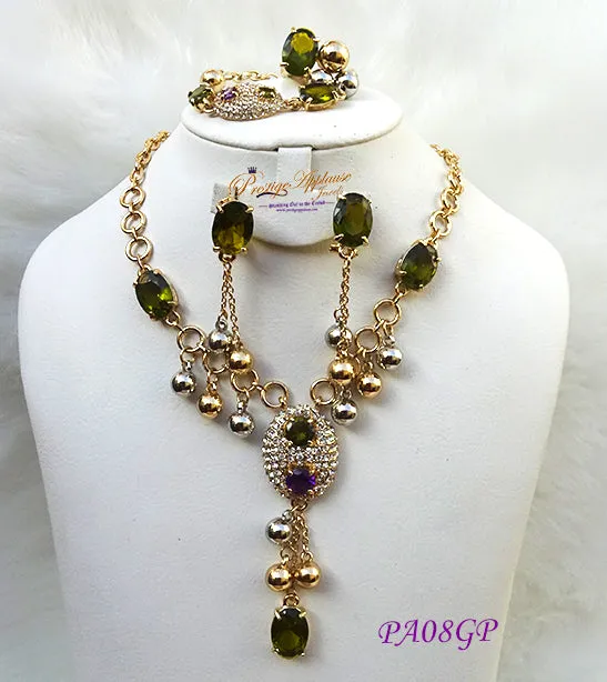 Elegant Emerald Green Gold Plated Party Set - Includes Necklace Bangle Earrings and Ring - PA08GP