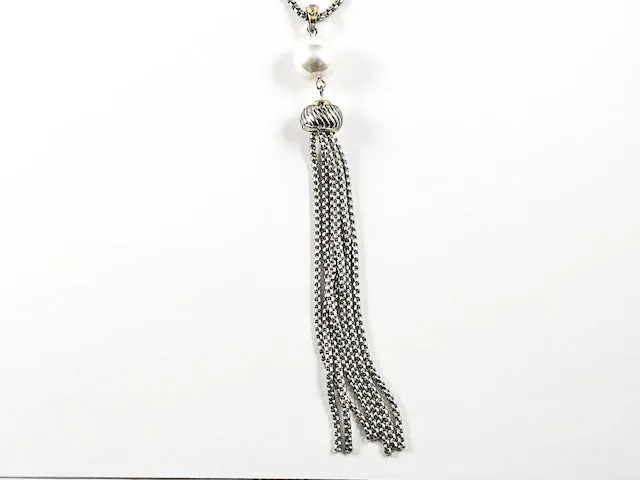 Elegant Long Necklace Design With Center Pearl & Tassel Brass Necklace