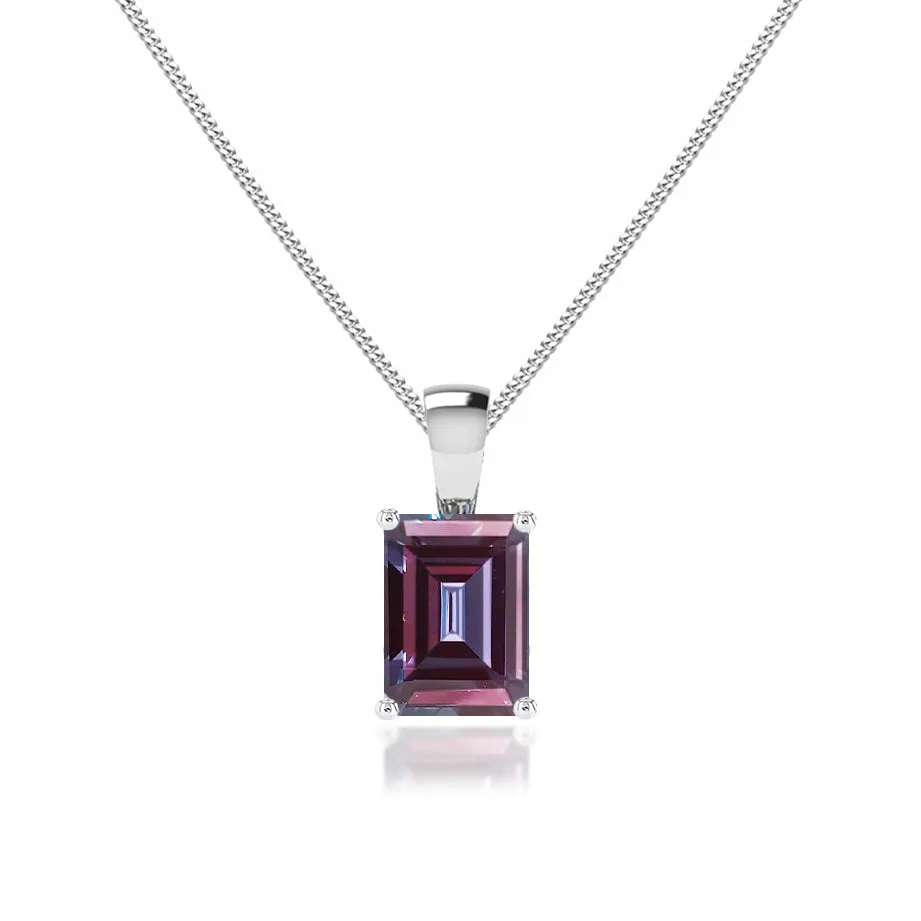 ELIZA - Emerald Cut Alexandrite 4 Claw Drop Pendant 18k White Gold