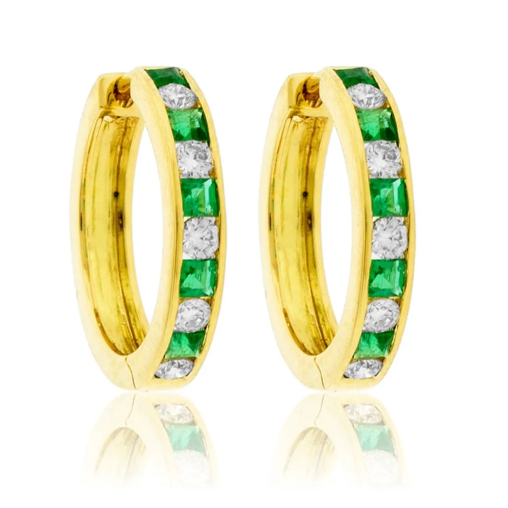 Emerald & Diamond Alternating Hoop Earrings