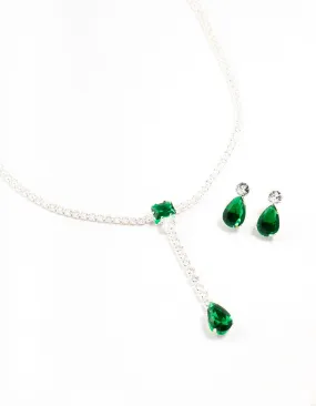 Emerald Cubic Zirconia Silver Y-Necklace & Earrings Set