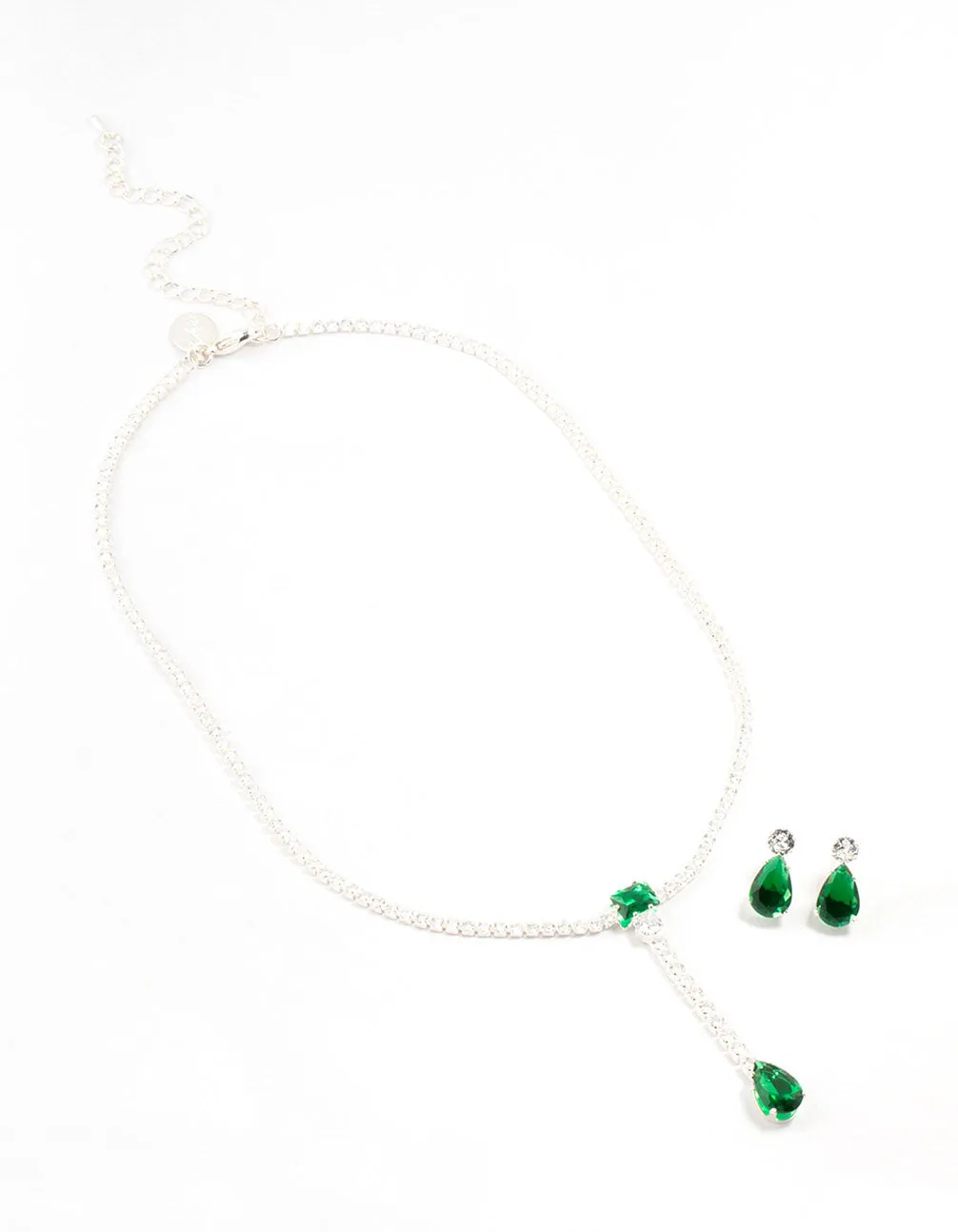 Emerald Cubic Zirconia Silver Y-Necklace & Earrings Set