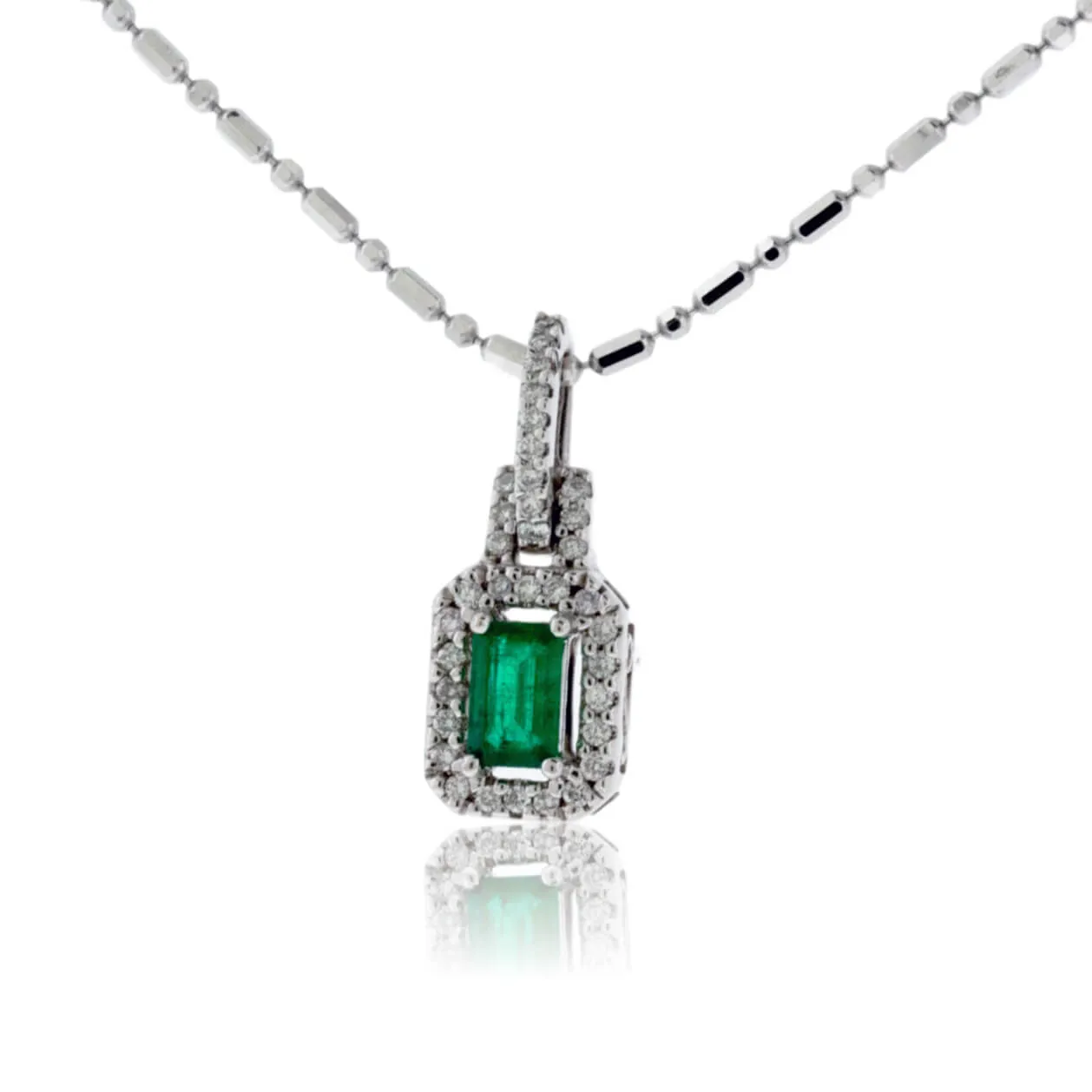 Emerald-Cut Emerald and Diamond Halo Pendant