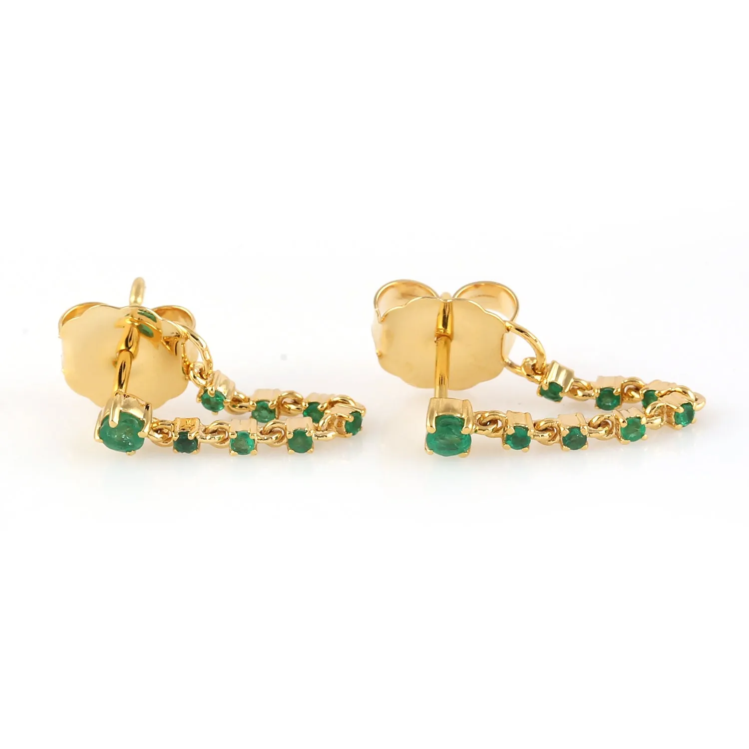 Emerald Gemstone Prong 14K Yellow Gold Chain Ear Thread Earrings Jewelry For Gifts