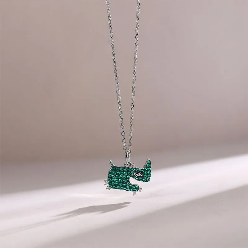 Emerald Green Zircon Little Monster Silver Necklace