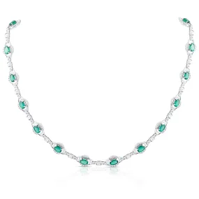 Emerald Oval & Diamond Necklace In 18K White Gold