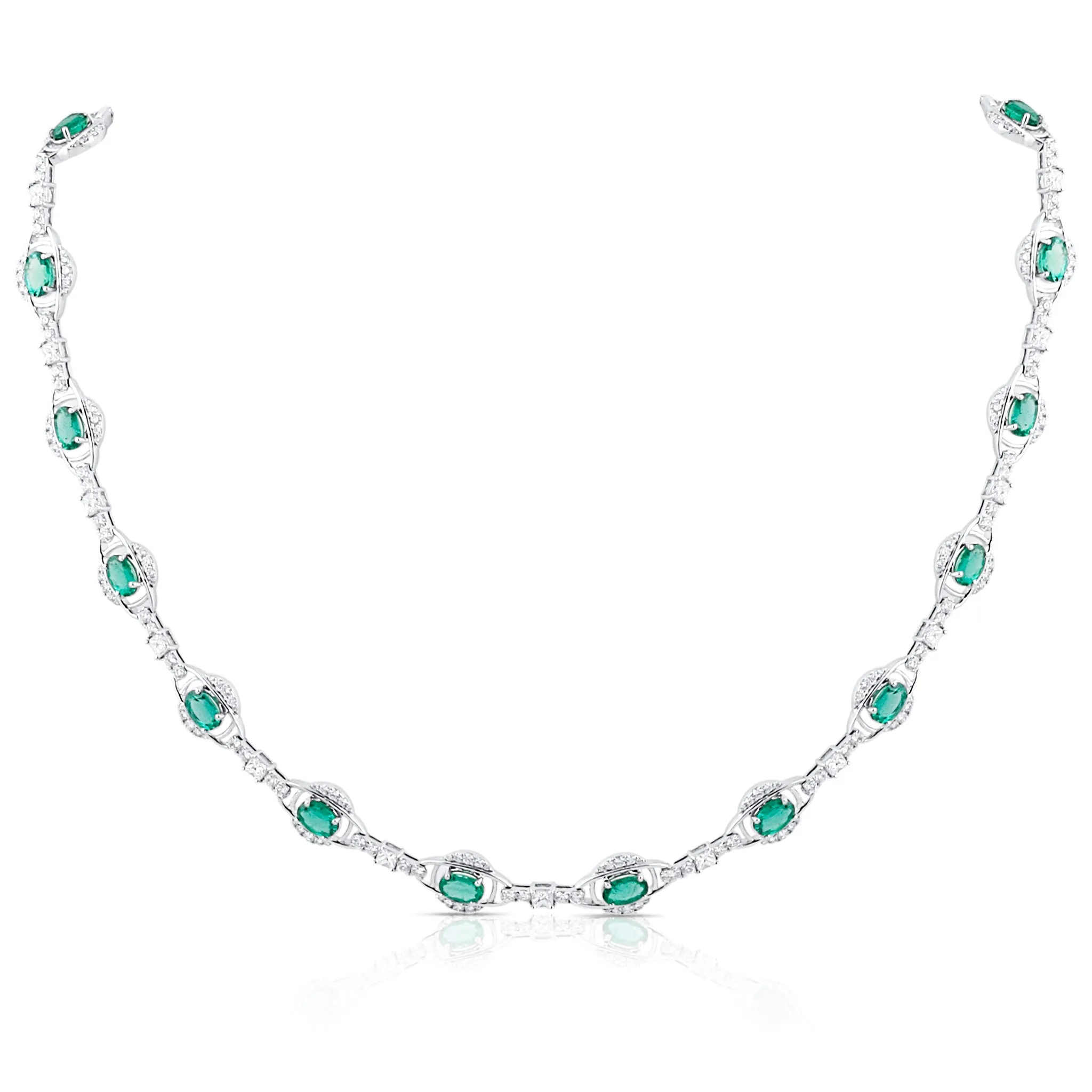 Emerald Oval & Diamond Necklace In 18K White Gold