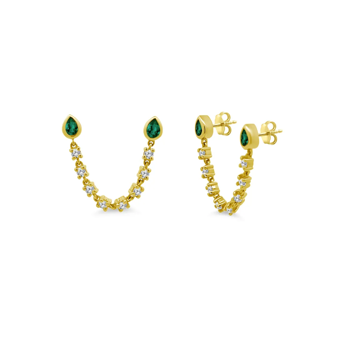 Emerald Pearl Bezel & Diamond Chain Stud