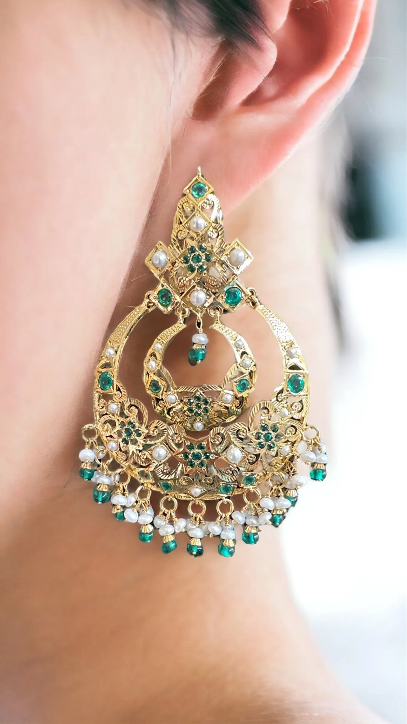 Emerald pearl gold plated silver chandbali earrings ( READY TO SHIP )