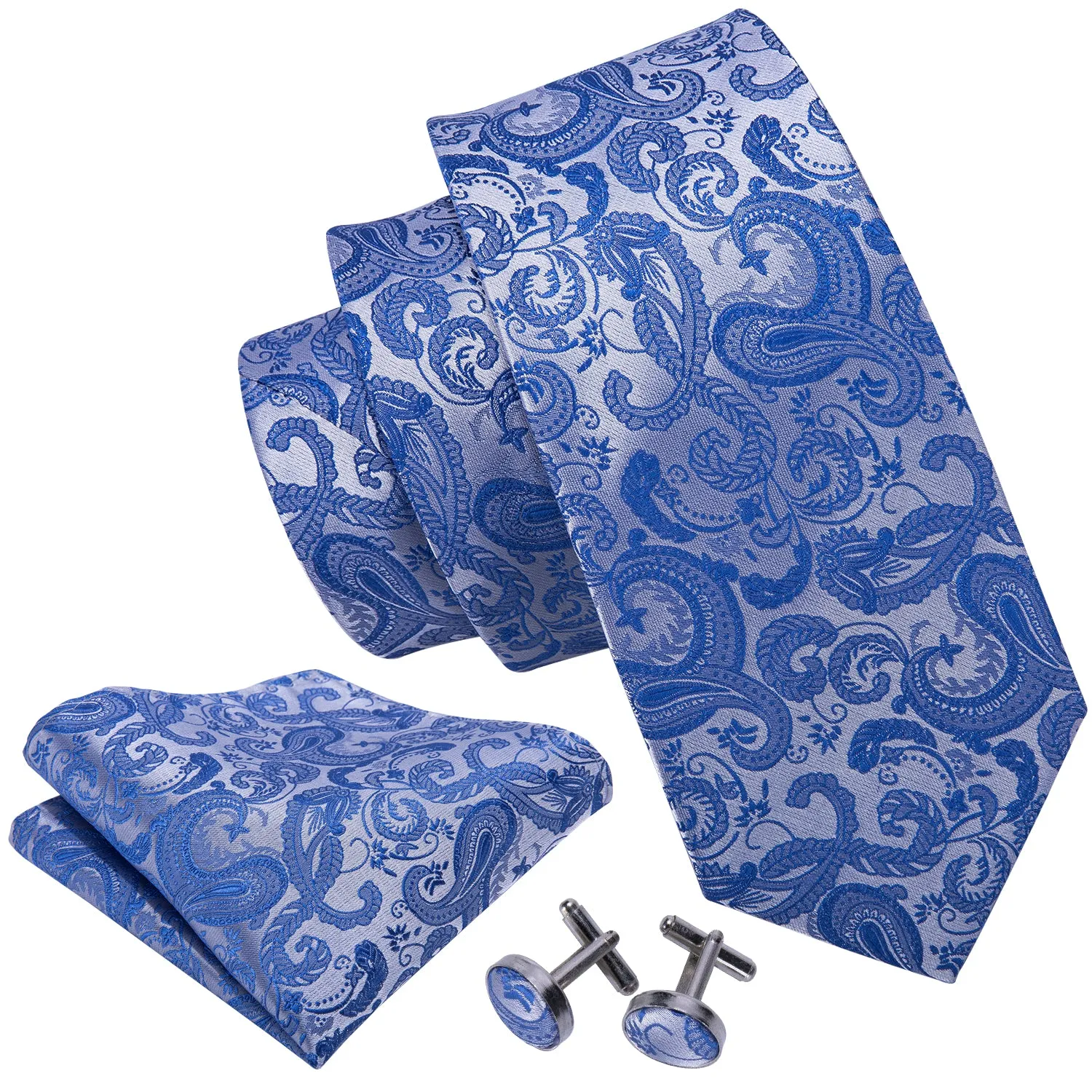 Essential Blue Paisley Tie Handkerchief Cufflinks Set with Wedding Brooch