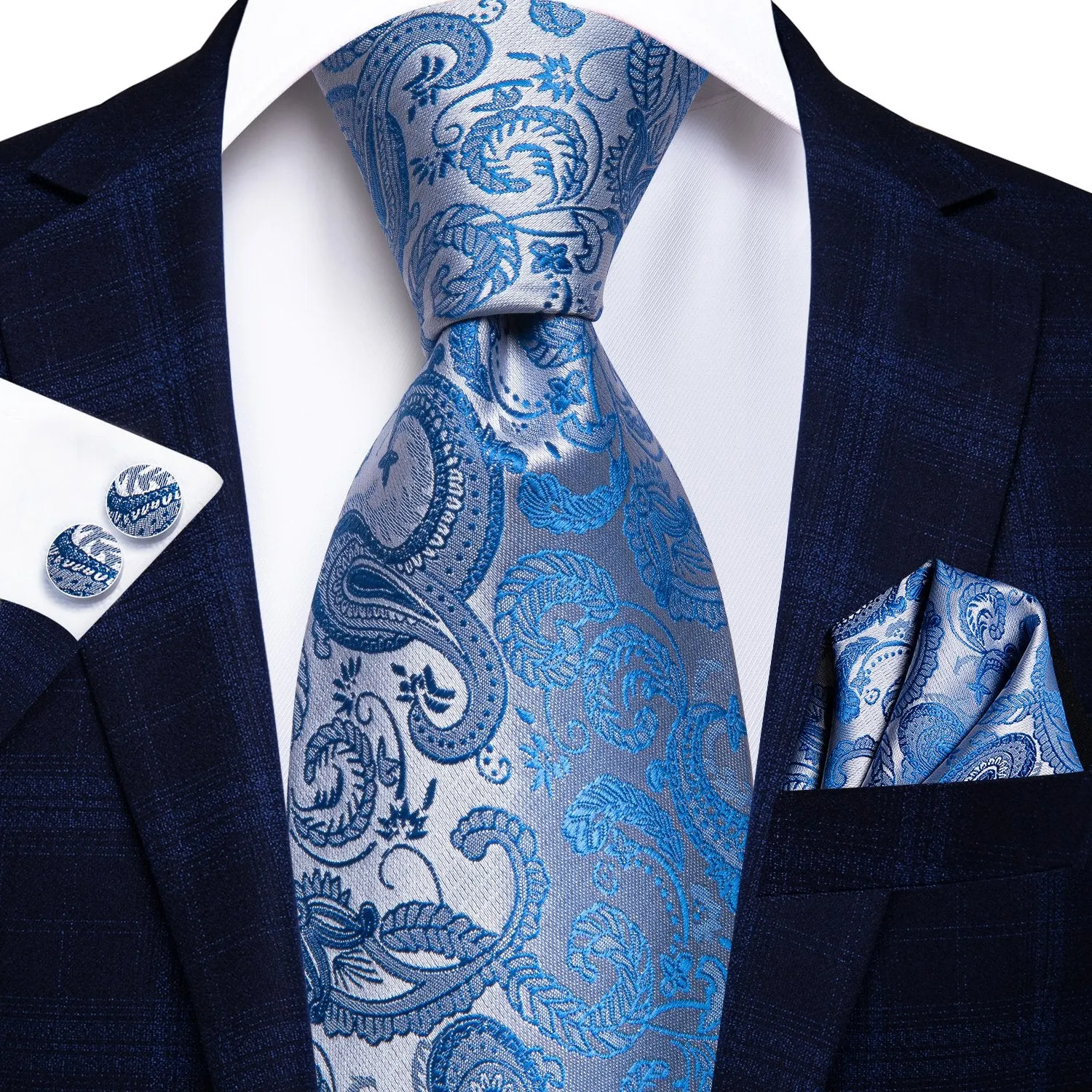 Essential Blue Paisley Tie Handkerchief Cufflinks Set with Wedding Brooch