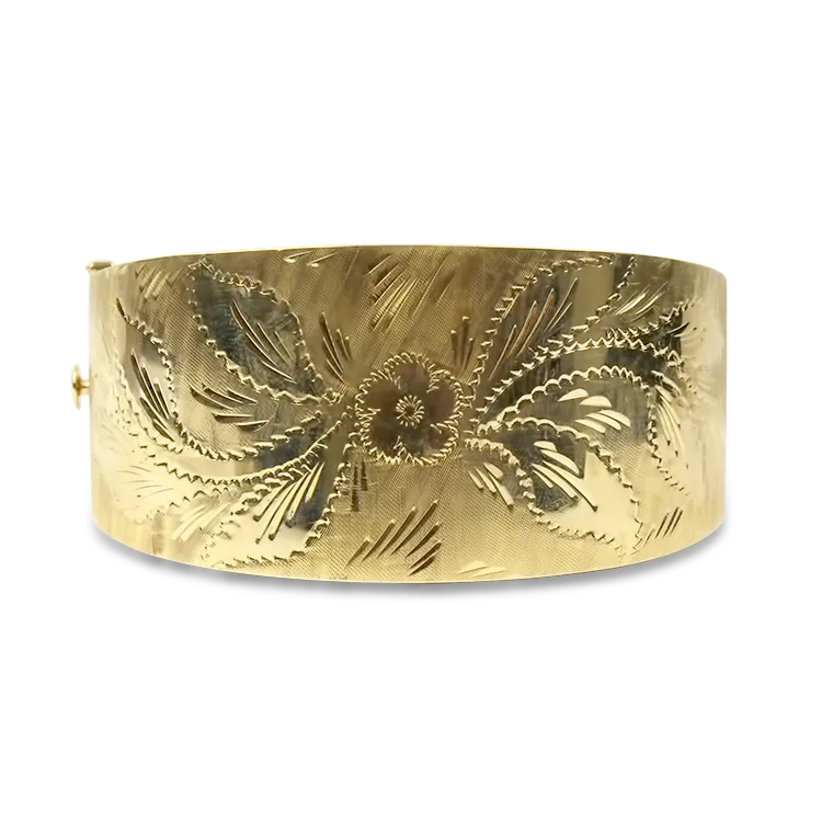 Estate 14K Yellow Hinged Engraved Bangle Bracelet