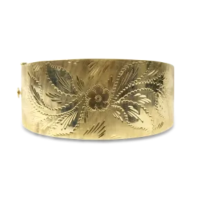 Estate 14K Yellow Hinged Engraved Bangle Bracelet