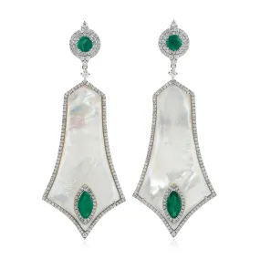 Fancy Cut Mother Of Pearl Bezel Set Emerald Pave Diamond In 18K White Gold Sparkling Dangler