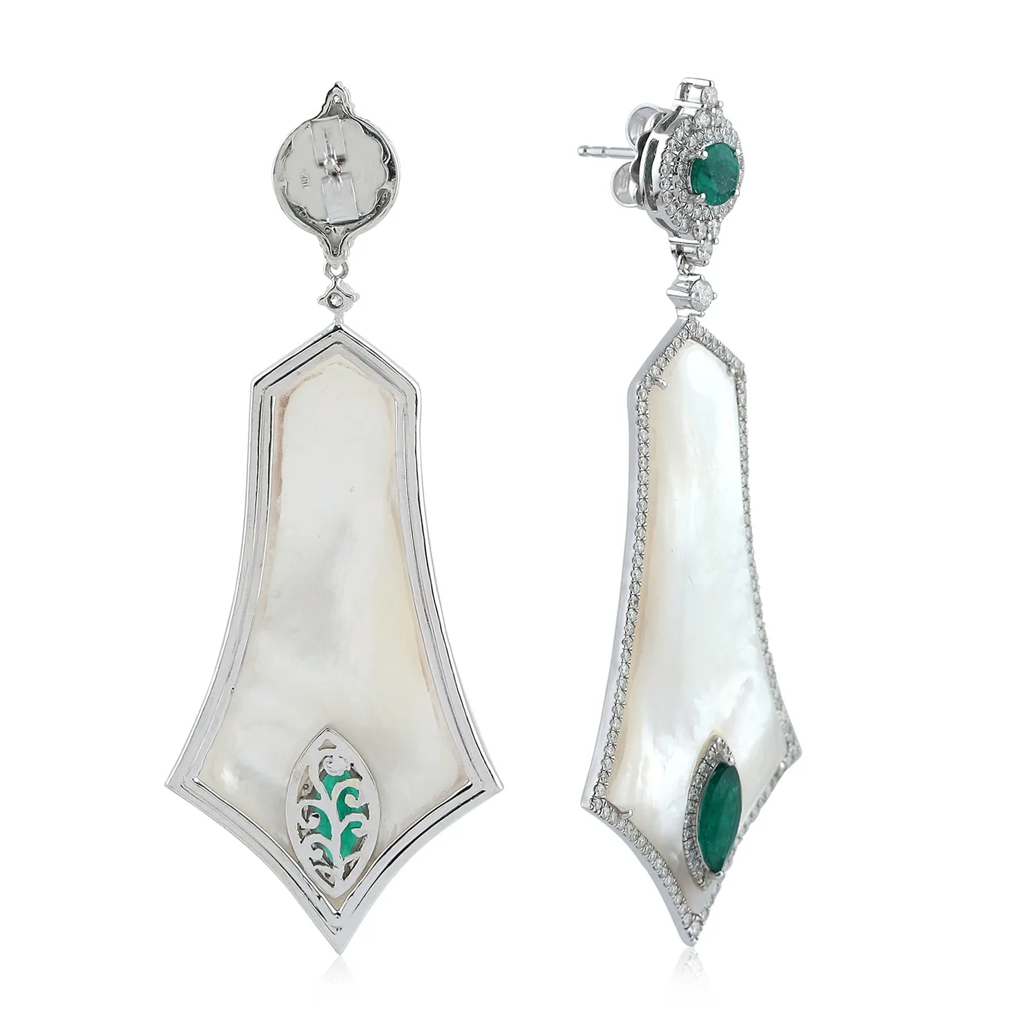 Fancy Cut Mother Of Pearl Bezel Set Emerald Pave Diamond In 18K White Gold Sparkling Dangler