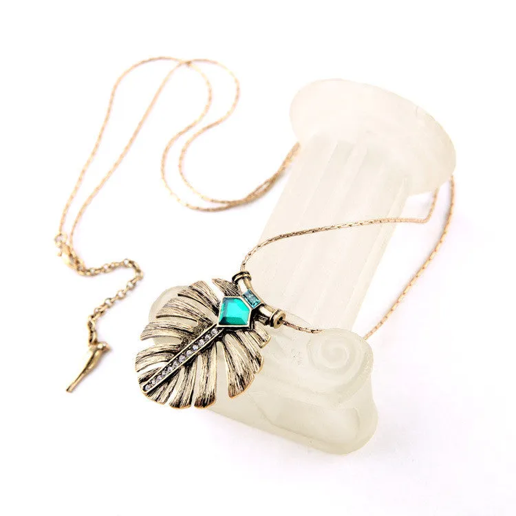 Fashion Elegance OL Style Alloy Leaf Inlay Emerald Long Pendant Necklace