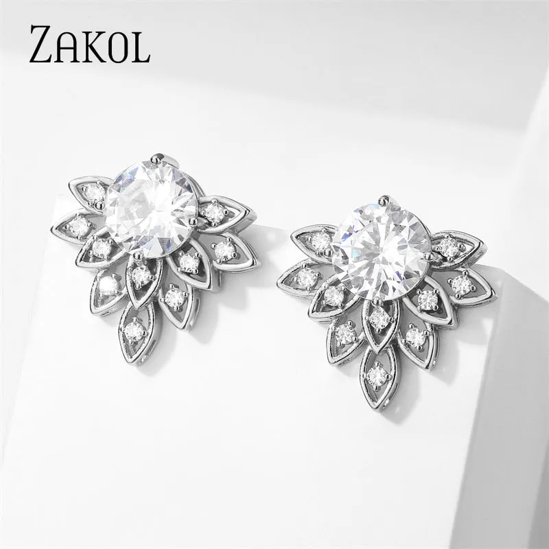 Fashion Green AAA Cubic Zirconia Flower Stud Earrings  for Women