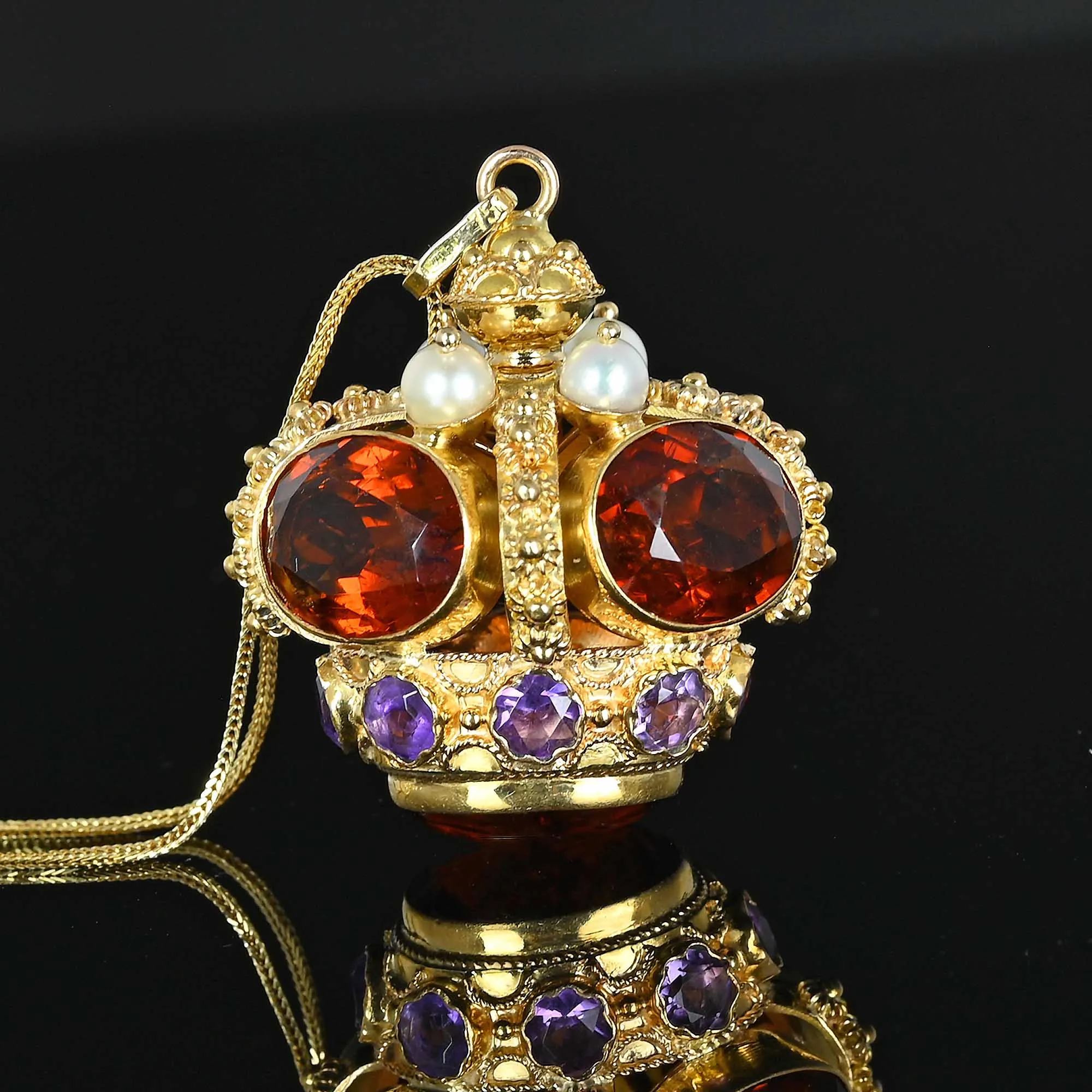 Fine 18K Gold Citrine Amethyst Etruscan Fob Pendant