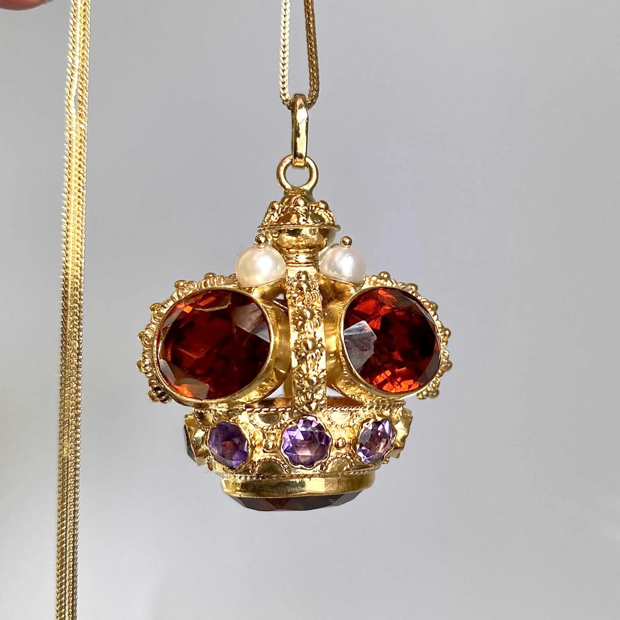 Fine 18K Gold Citrine Amethyst Etruscan Fob Pendant