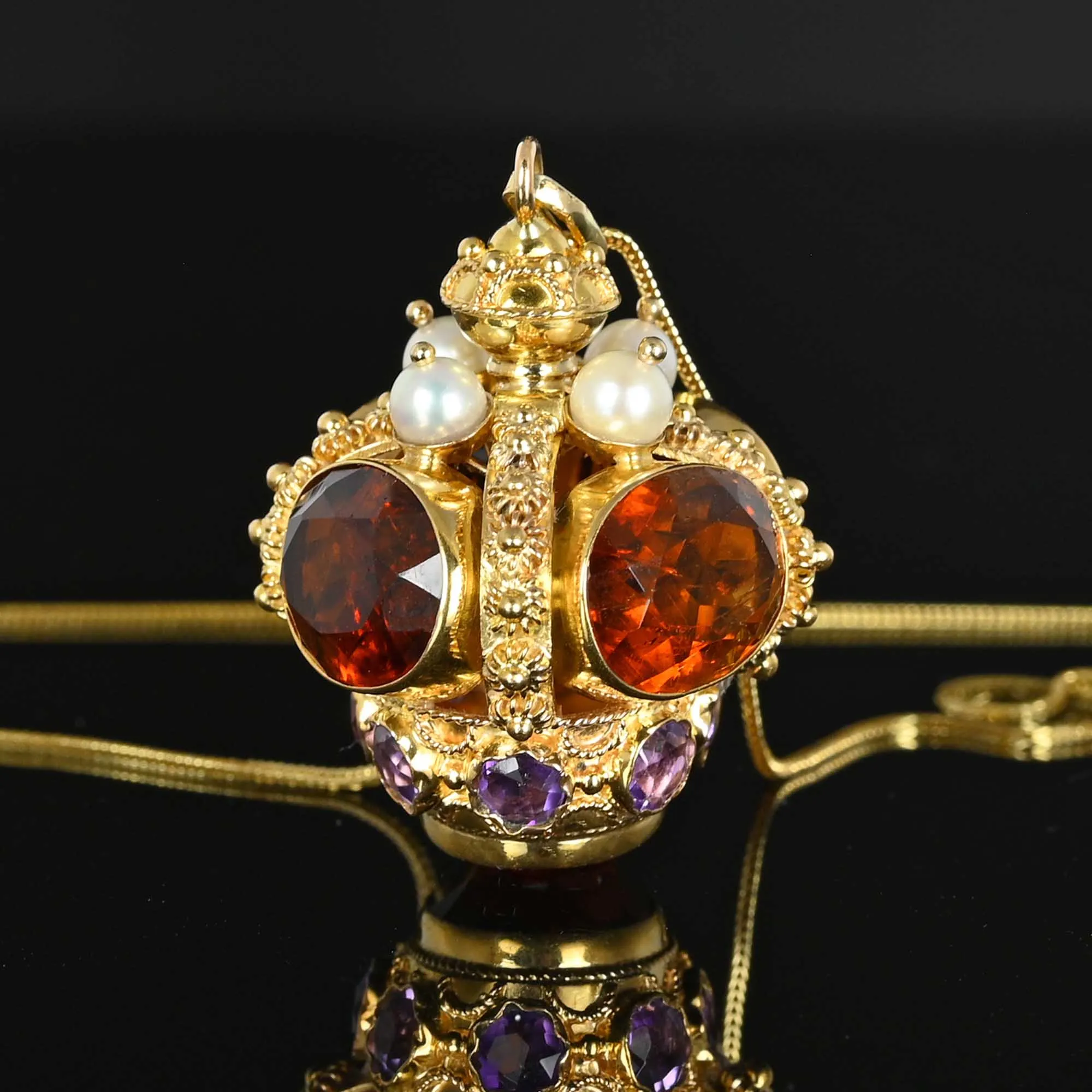 Fine 18K Gold Citrine Amethyst Etruscan Fob Pendant