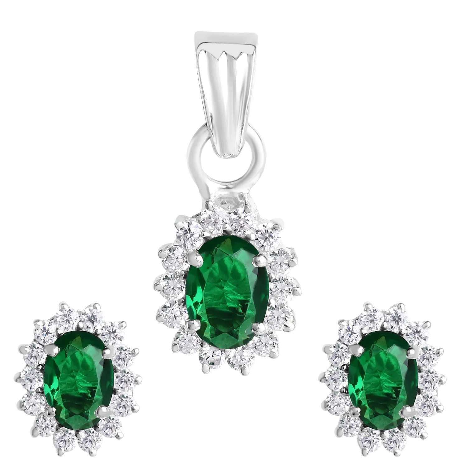 Floral Silver Earrings Pendant Set (Green)