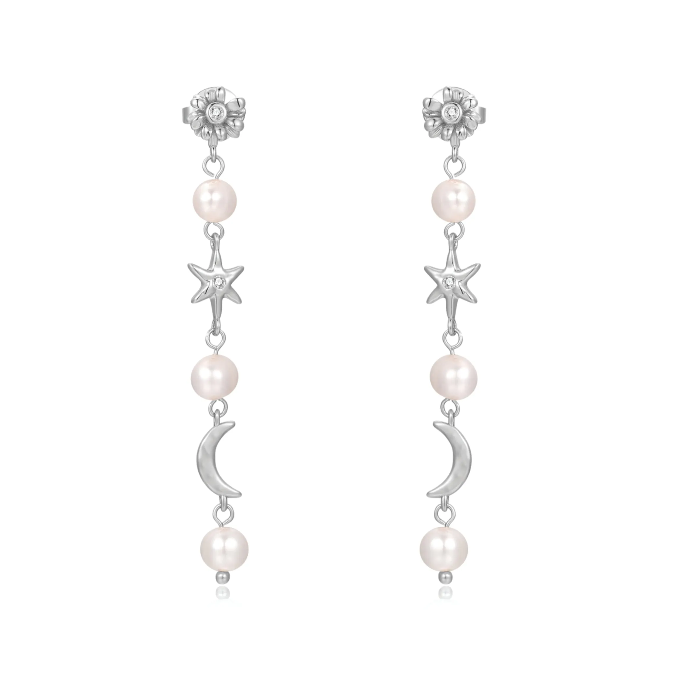 Freshwater Pearl Moon & Star Silver Drop Earrings - Daisy