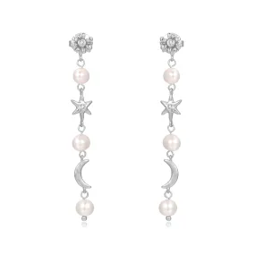 Freshwater Pearl Moon & Star Silver Drop Earrings - Daisy