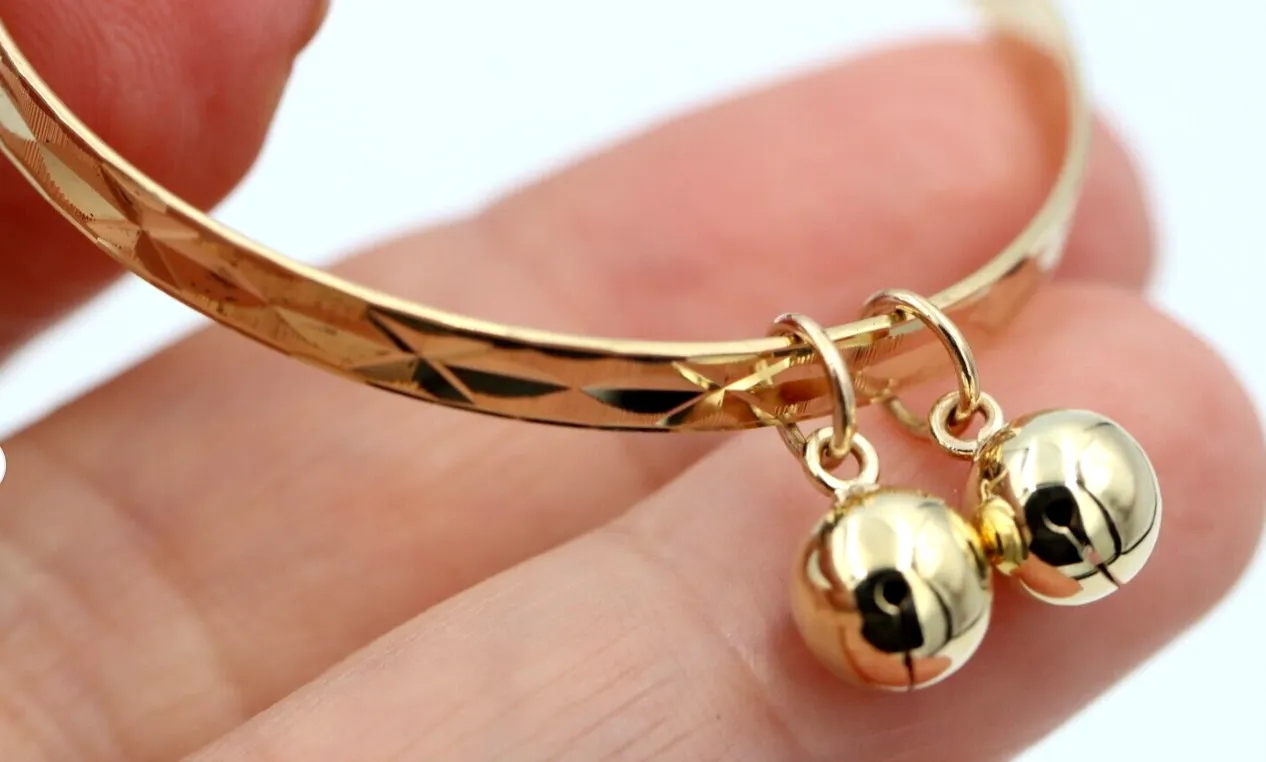 Genuine 9ct Yellow Gold 3.7mm wide Adjustable Baby Bangle with Bells