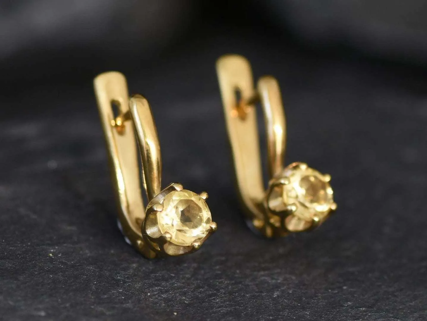 Gold Citrine Studs - Natural Citrine Earrings, Yellow Drop Earrings