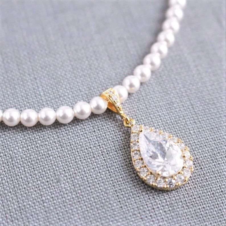 Gold Crystal Teardop & Pearl Necklace